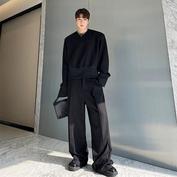 Casual Sports Suit Shoulder Pad Round Collar Pullover Sweatshirt Loose Straight Fold Pants Solid Color Two-piece Set aidase-shop